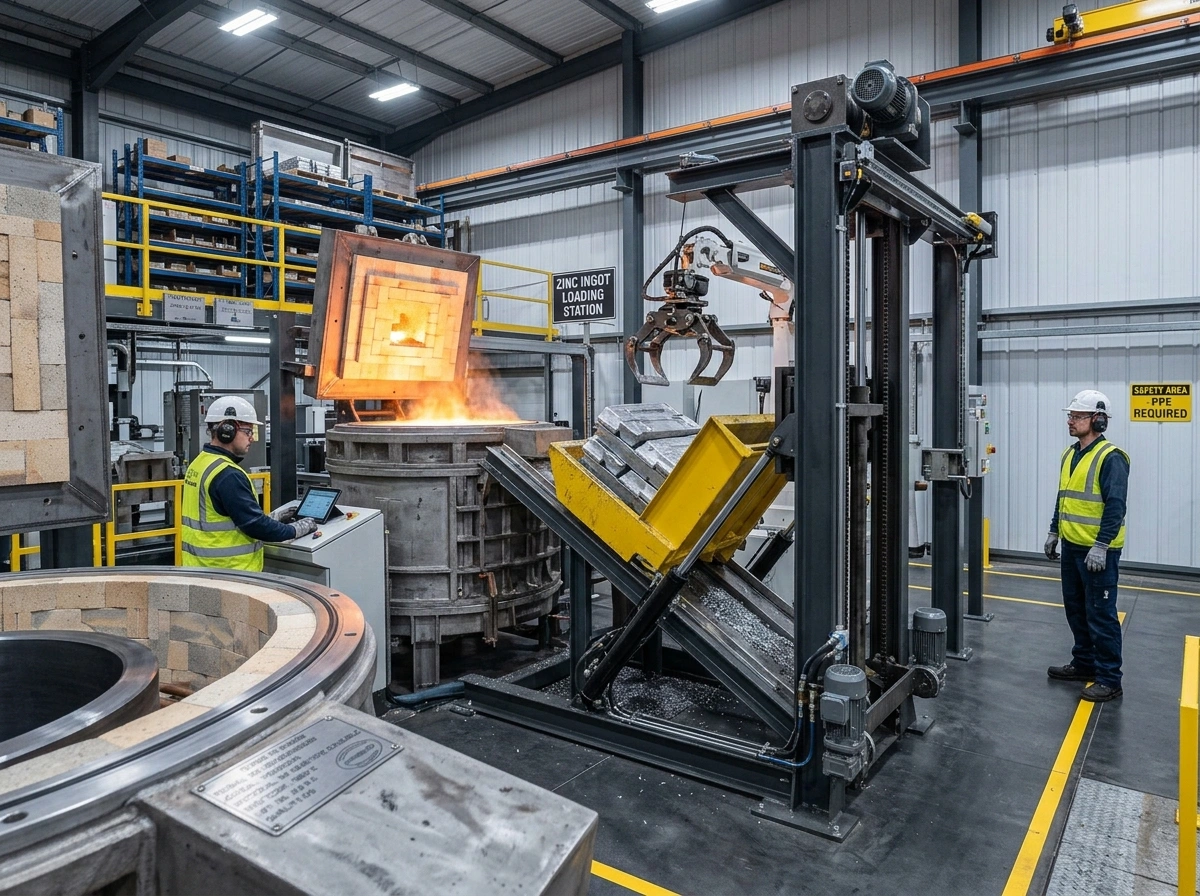 Automated zinc ingot hoist loader integrated with Huirong centralized alloy melting furnace