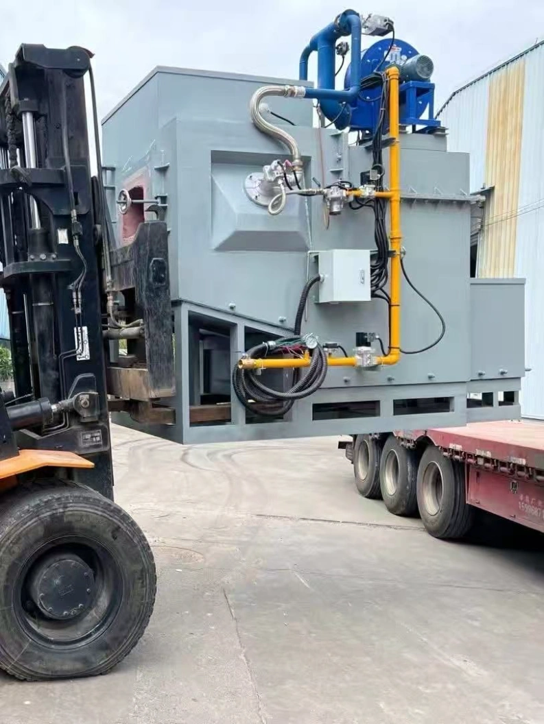 Side view of Huirong gas fired aluminum alloy continuous melting furnace showing gas piping and combustion control setup