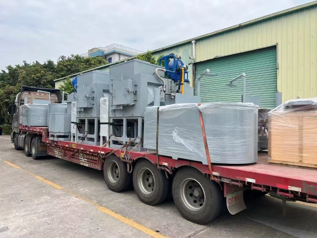 Multiple Huirong crucible-less holding furnaces packaged and loaded on truck for factory shipment