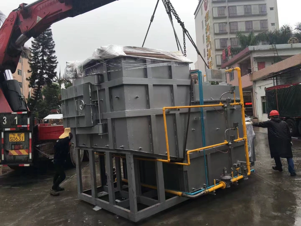Huirong gas fired central aluminum melting furnace structure being hoisted by crane for factory delivery
